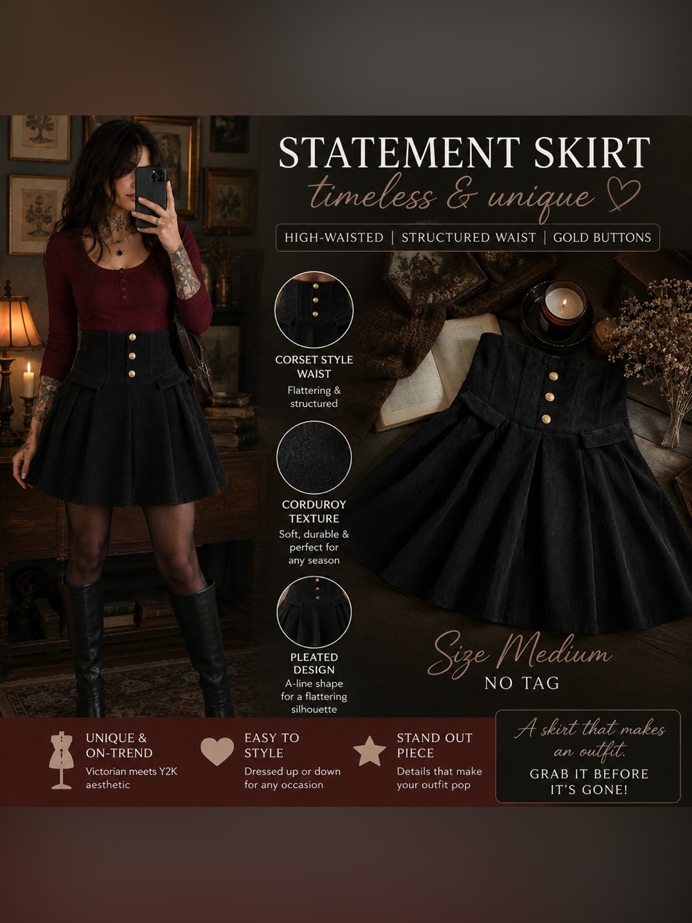 🔥 4/$20 Mix&Match 🔥 Black Corduroy Pleated Skirt | M | High Waist | Gold Button